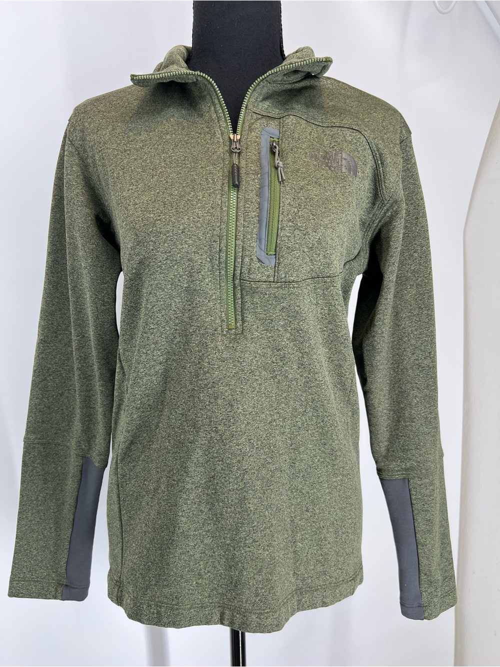 The North Face Moss Green Quarter-Zip Pullover with Gray Accents